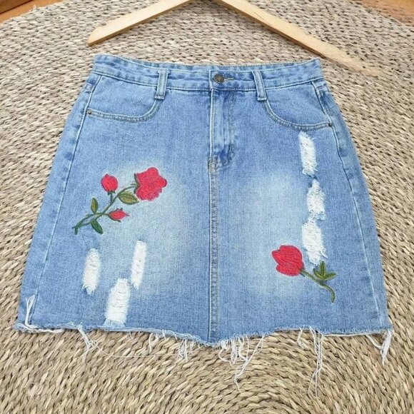 Dresses & Skirts - Distressed Denim Mini Skirt With Rose Embroidery